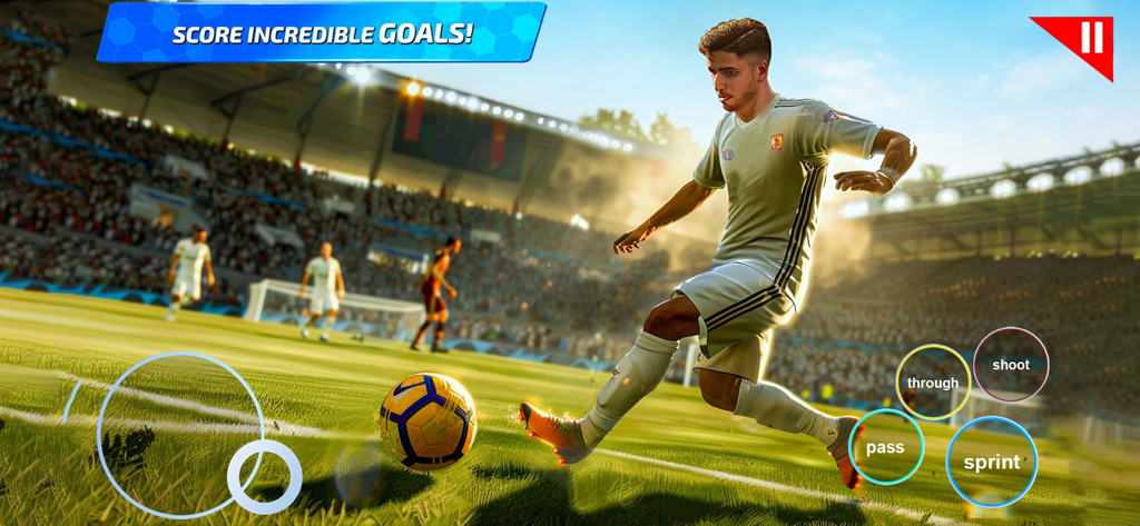 Jugabilidad móvil del Juego de Fútbol Sala Callejero 2024 con un jugador pateando un balón y controles en pantalla