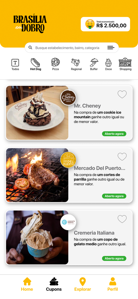 Brasília em Dobro - A tela inicial do aplicativo Brasília em Dobro mostrando várias ofertas de compre um, leve outro de comida e bebida em restaurantes locais