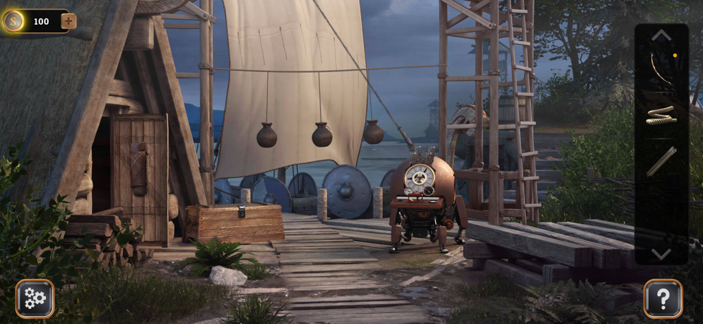 Time Travel: Escape Game - A historical Viking dock scene with a time machine in the Time Travel Escape Game