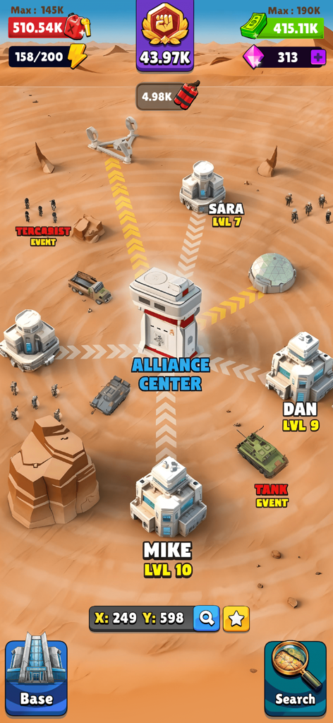 War Master : Strategy Battle - World map view showing the Alliance Center and player military bases in a desert setting in War Master Strategy Battle