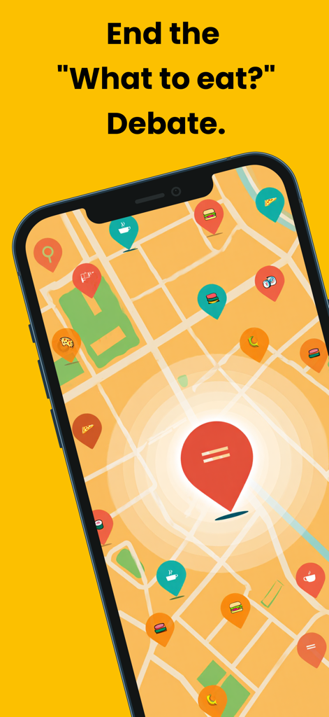 Plan to Eat: Dinner Planner - A mobile app screen showing a city map with various food and cafe icons to help users decide what to eat