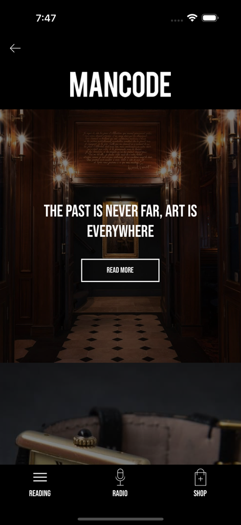Mancode app interface showing the reading section with a quote and classical background