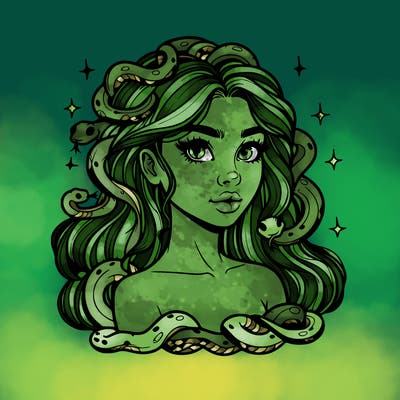 realistic girl with snakes as hair