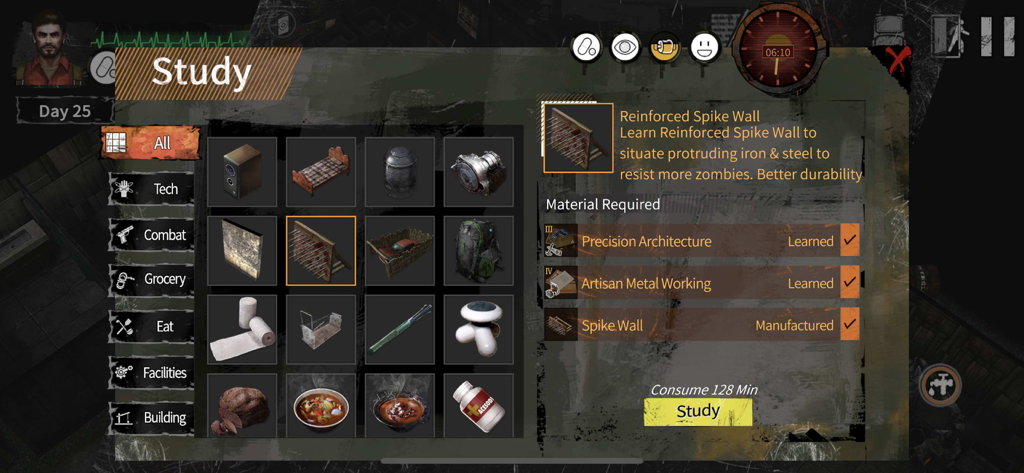 Delivery From the Pain:Survive - The Study menu interface in Delivery From the Pain showing crafting requirements and materials for a Reinforced Spike Wall.