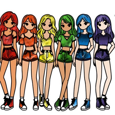 a group of girls wearing crop tops and shorts