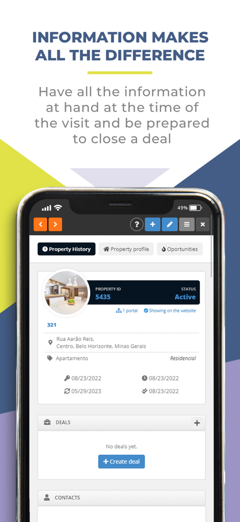CRM 49 - Mobile interface of CRM 49 showing detailed property history and status for real estate agents.