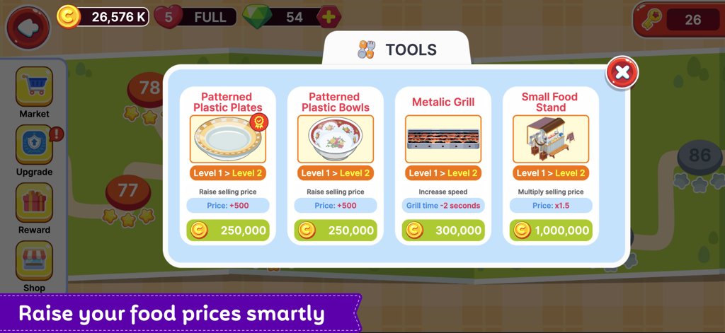 Street Grill Tycoon - A menu screen in Street Grill Tycoon showing various equipment upgrades like plastic plates, bowls, a metallic grill, and a small food stand with their respective costs and benefits.