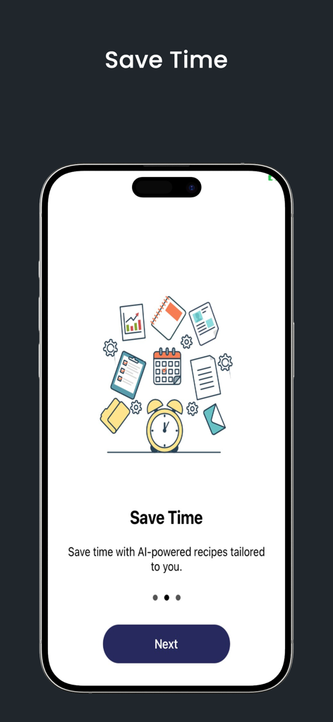 Recipe Book : Plan & Organize - Pantalla de incorporación de la aplicación Recipe Book que muestra un mensaje de Ahorra Tiempo con una ilustración de un reloj despertador e iconos de organización