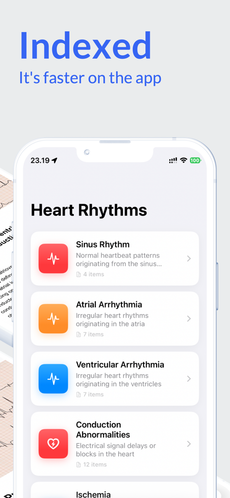 Ein Screenshot der EKG Atlas App, der eine indizierte Liste von Herzrhythmen zeigt, einschließlich Sinusrhythmus und Vorhofarrhythmie.