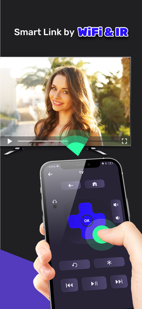 Smart TV Remote App for RK - An iPhone user controlling a smart television using the remote app via WiFi and IR connection