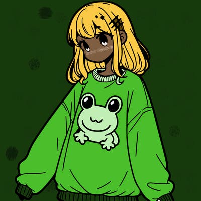 girl wearing frogging sweatshirt