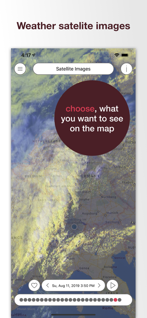 Pflotsh Storm app interface displaying satellite weather images over a map of Europe