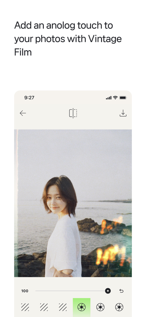 Applying a vintage film filter to a beach photo in the filmhwa app