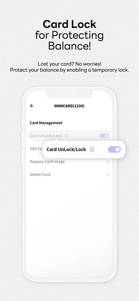 Schermata dell'app NAMANE che mostra la funzione di blocco della carta per la protezione del saldo