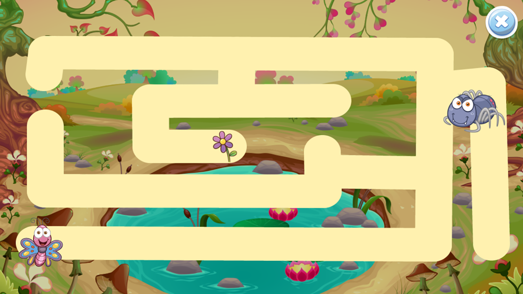 Mazes for Kids: Cool Spy Mouse - Pantalla de juego de laberinto educativo que muestra una mariposa viajando por un camino a través de una escena de estanque natural para llegar a una araña.