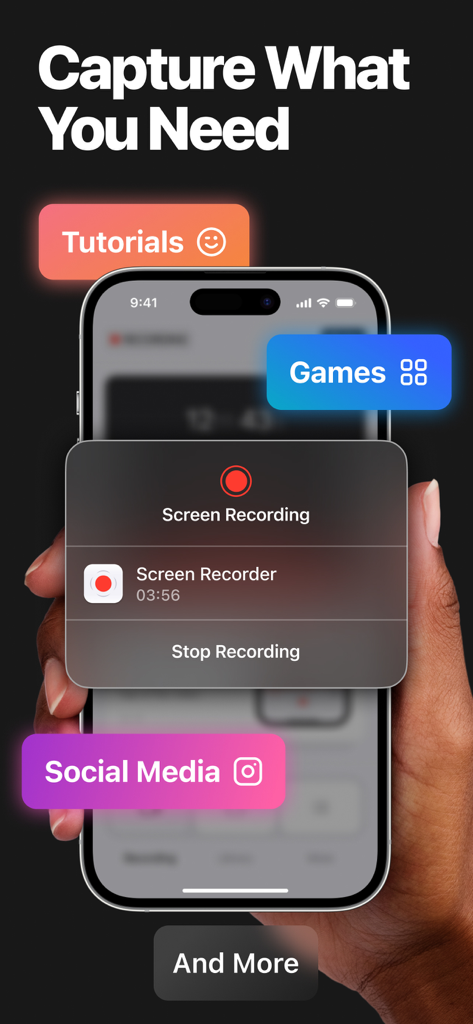 Screen Recorder－Video & Voice - A hand holding an iPhone showing a screen recording menu with floating tags for tutorials, games, and social media capture.