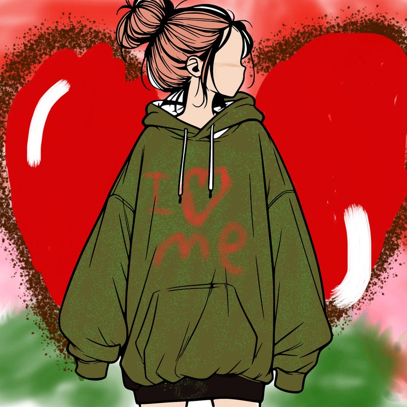 realistic girl with a oversized sweatshirt on and a bun