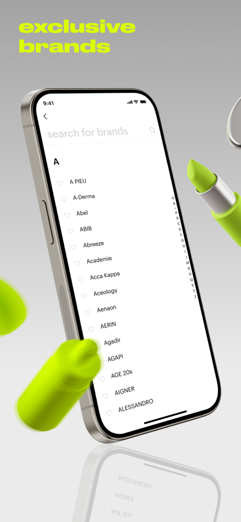 Uno schermo di smartphone che mostra un elenco di marchi di bellezza esclusivi nell'app Gold Apple