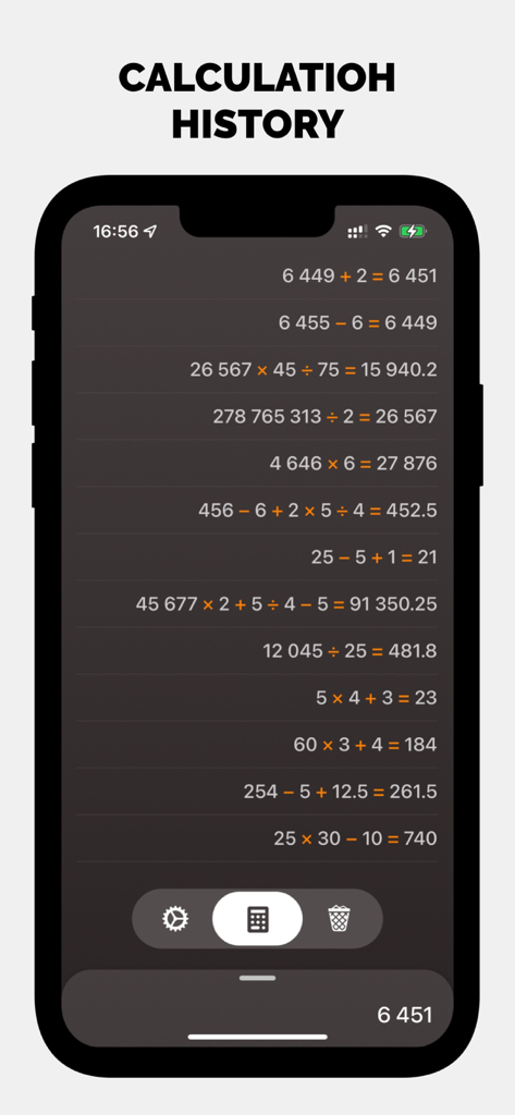 Калькулятор Pro + История - Calculation history screen showing a list of past equations and results on a dark background