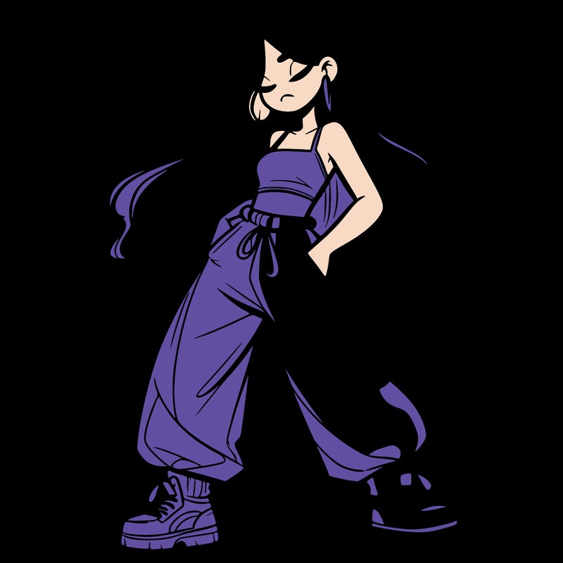 girl in baggy pants crop top and long hair