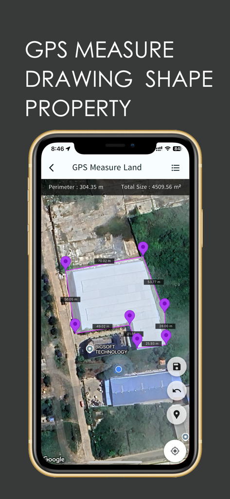 BAYON APP - Ferramenta de medição de terreno GPS do Bayon App mostrando cálculos de área e perímetro de propriedade em um mapa
