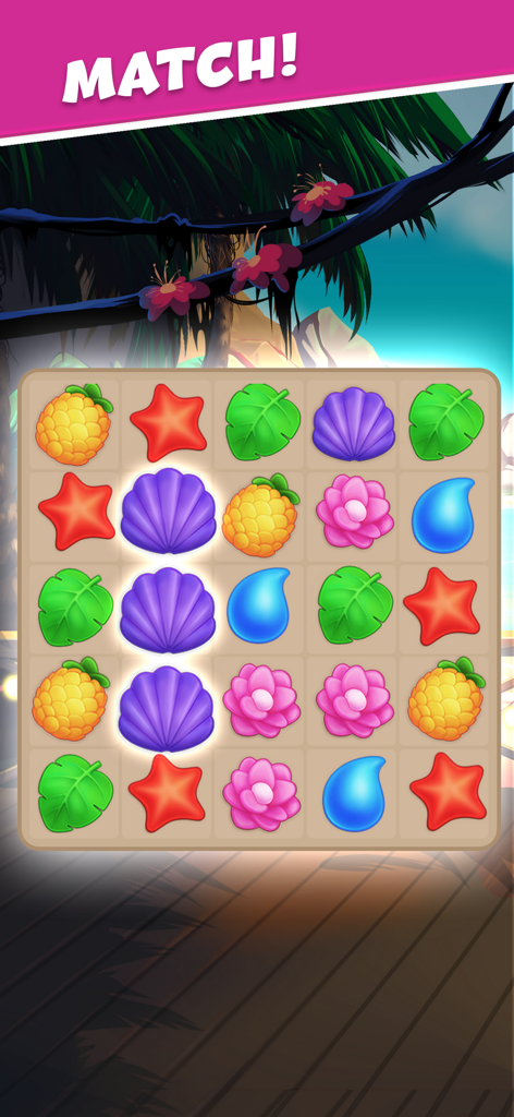 Un nivel de puzzle de Match 3 en el juego Open House con iconos coloridos como conchas moradas, flores rosas y frutas tropicales.