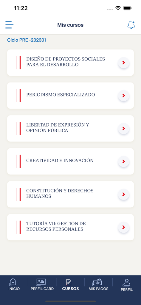 Interfaz de la aplicación Trilce UCV que muestra una lista de cursos universitarios.