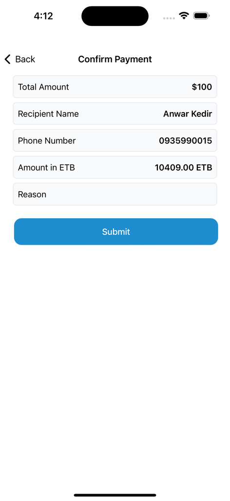 telebirr Remit - Telebirr Remit app screen for confirming a money transfer showing the total amount in dollars and the converted amount in Ethiopian Birr