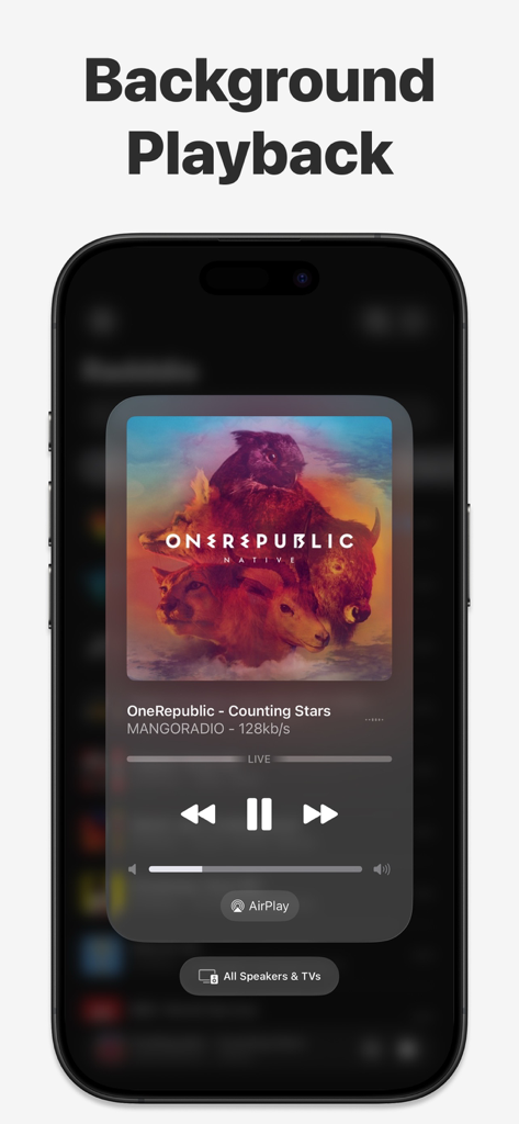 Radio Player FM Live X Radddio - Pantalla de iPhone que muestra la función de reproducción en segundo plano de la aplicación Radddio con controles de audio y carátula del álbum.