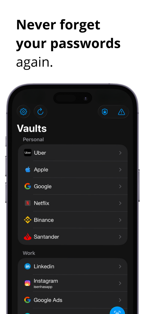 iSenhas - Password Manager - Interfaz de la aplicación del gestor de contraseñas iSenhas que muestra una lista de cuentas seguras organizadas en bóvedas personales y de trabajo