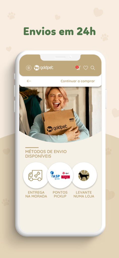 Goldpet - Goldpet app screen showing 24 hour shipping and delivery methods including home delivery and pickup points