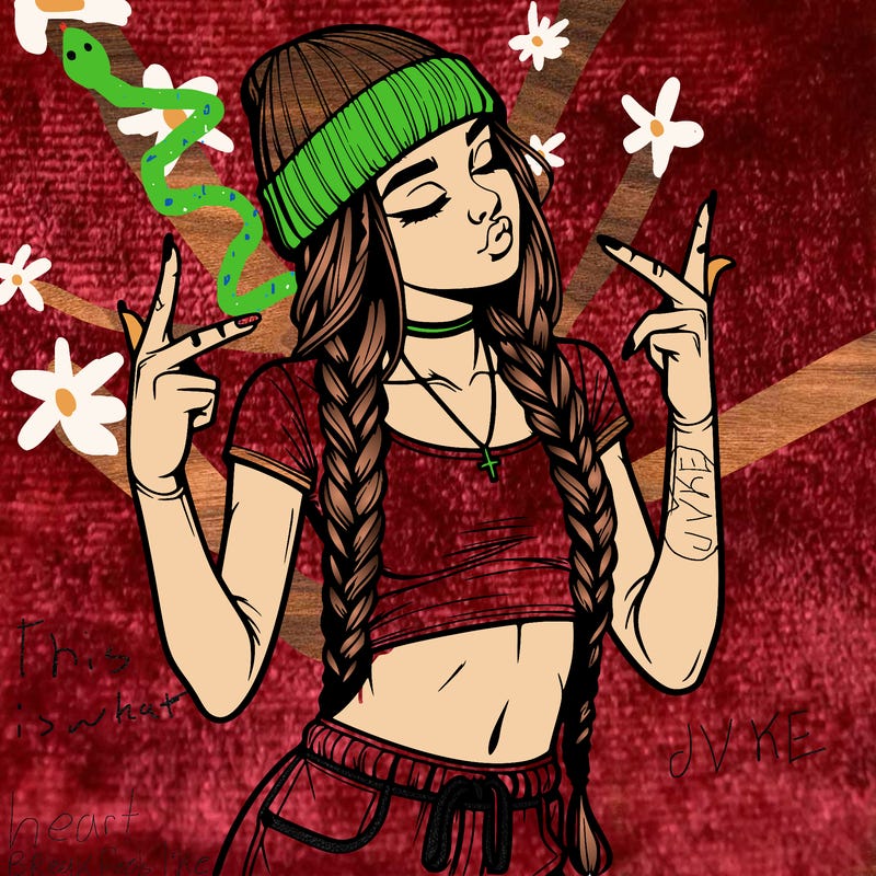 realistic teenage girl with braids and a beanie and crop top doing 🫶🏼