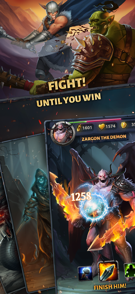 Age of Revenge: Card Based RPG - Action battle scene from Age of Revenge showing a warrior fighting an orc and a demon boss card named Zargon