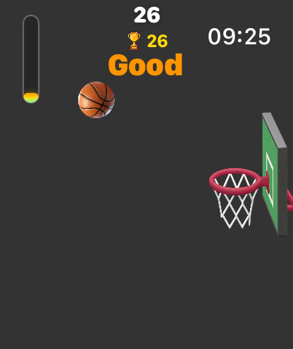 Hoop Dunk: Watch Basketball 3D - A basketball flying towards a hoop in the Hoop Dunk 3D game on a smartwatch screen