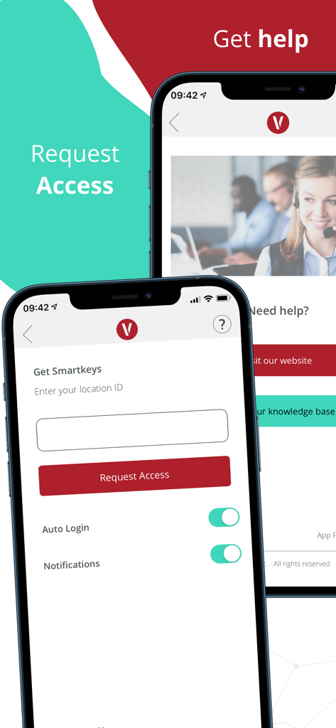 VIZpin Smart - VIZpin Smart mobile app interface for requesting building access and accessing customer support.
