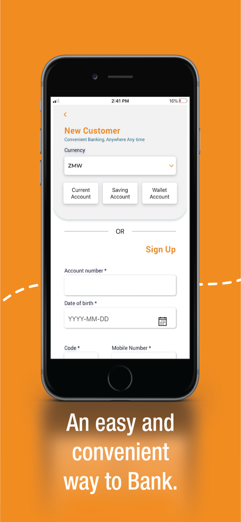 BankOn ZICB App - Pantalla de registro de la App BankOn ZICB para abrir una nueva cuenta bancaria en un dispositivo móvil