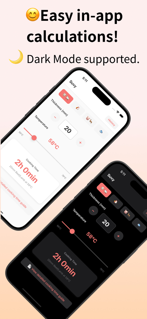 Suvy - Sous Vide Voice Calc - Suvy app interface showing sous-vide cooking calculations in both light and dark modes.
