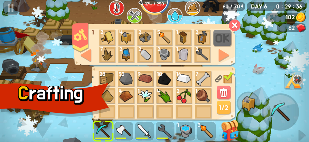 Mine Survival - Mine Survival crafting and inventory menu showing survival items and materials