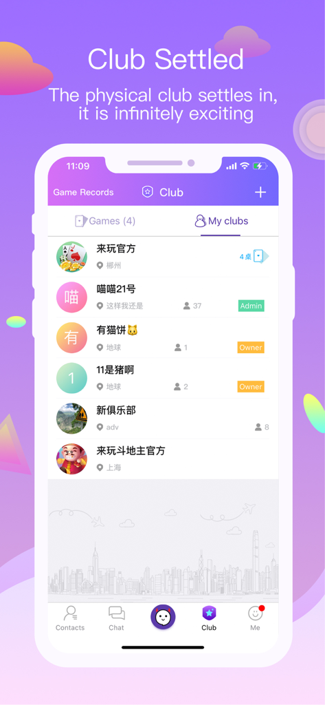GoPlay360 - Poker with friends - Una captura de pantalla de la aplicación de póker GoPlay360 que muestra la interfaz de gestión de clubes con una lista de clubes de póker activos