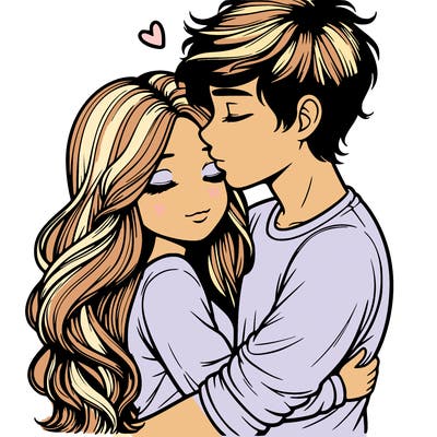 a realistic couple boy and girl hugging and kissing