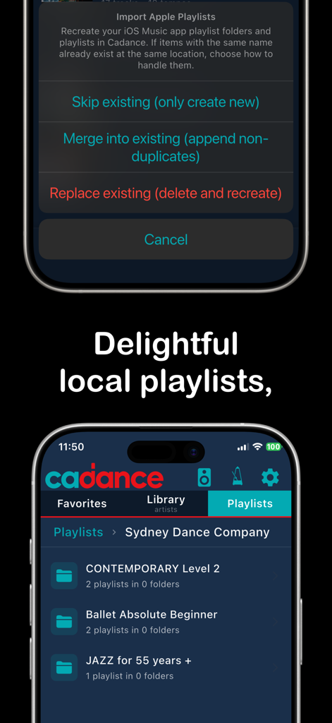 Cadance Dance Tempo Control - Capture d'écran de l'application Cadance montrant des dossiers de playlists de danse et les paramètres d'importation Apple Music.