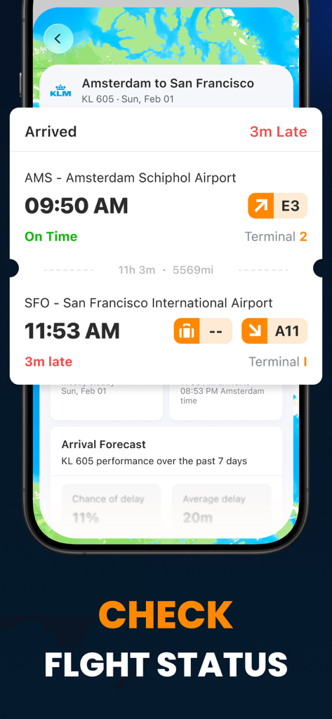 A smartphone screen displaying detailed flight status and arrival information
