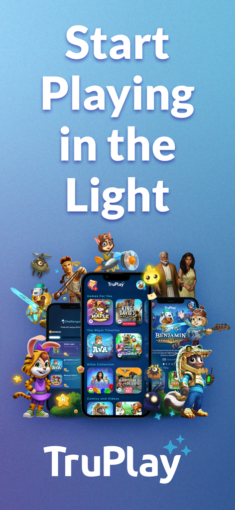 TruPlay Christian Games - TruPlay Christian Games app interface showing various bible games and animated characters