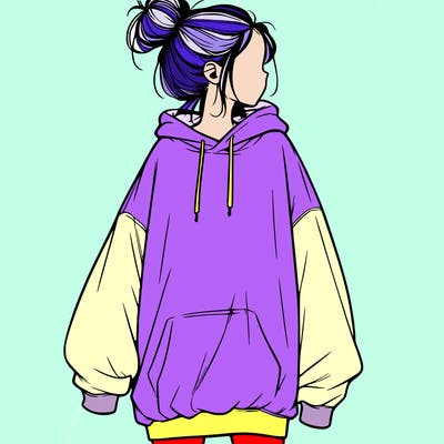 realistic girl with a oversized sweatshirt on and a bun