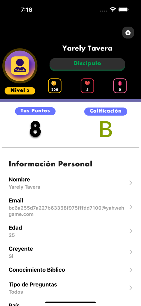 Juego Bíblico Yahweh - User profile screen of the Yahweh Bible trivia app showing level two progress points and personal account details in Spanish