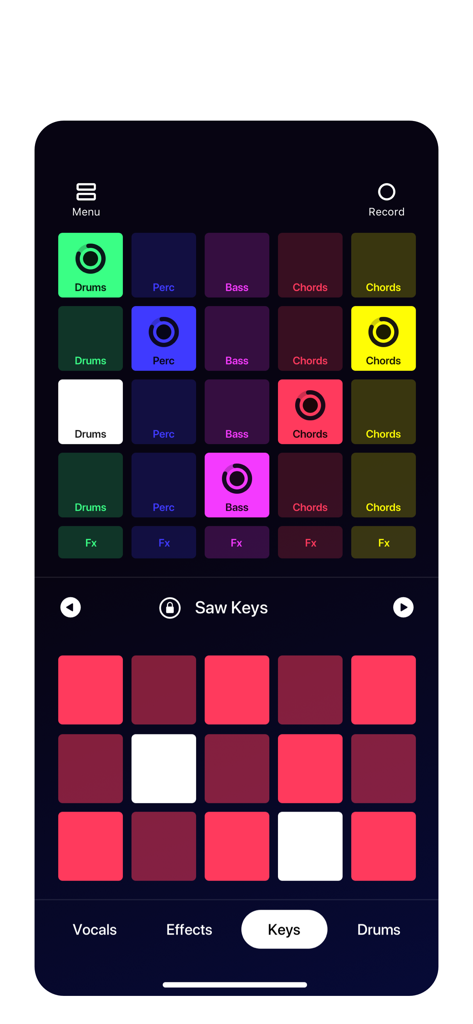 Loop Pads mobile app interface showing colorful touch pads for drums bass and chords used for DJ music production