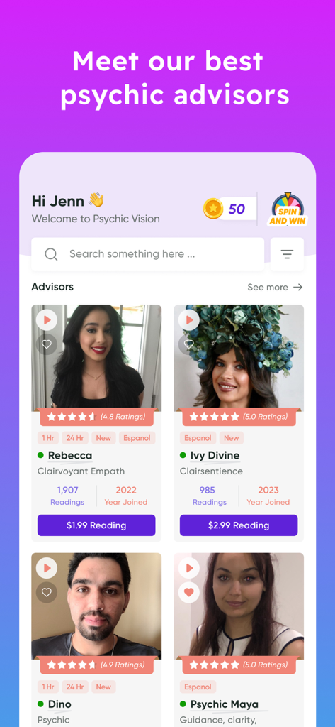 Mobile app interface showing a list of professional psychic advisors with their ratings and service pricing