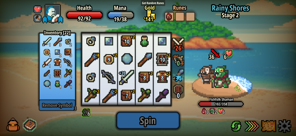 Spin Hero - Una captura de pantalla de la jugabilidad de Spin Hero que muestra una interfaz de combate de carretes de máquina tragamonedas y una batalla en pixel art contra un Chamán Fishfolk