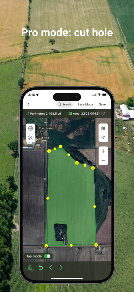 GPS Area Measure: GLandGo - Interfaz de la aplicación GLandGo que demuestra la función de corte de agujero en modo Pro para excluir áreas específicas de una medición total de campo