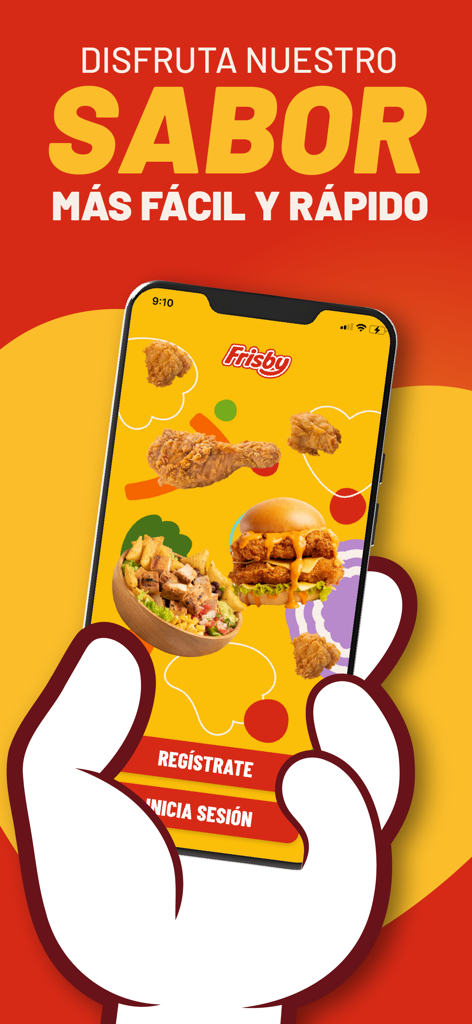 Frisby - Smartphone che mostra la schermata di benvenuto dell'app di consegna cibo Frisby con immagini di pollo fritto e hamburger